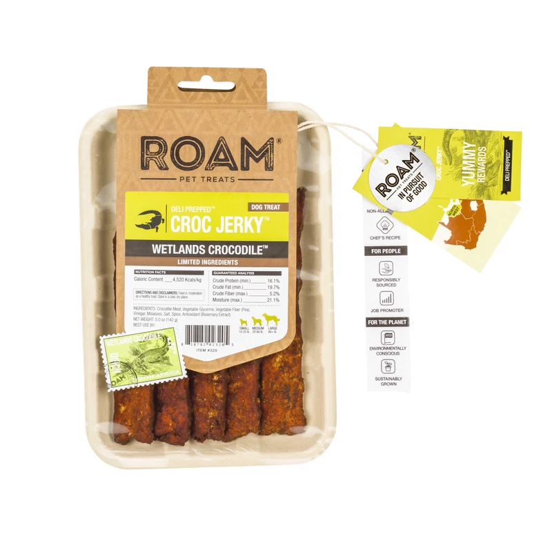 ROAM - Dél-Afrikai szabad tartású krokodil húscsíkok, jutalomfalat allergiás kutyáknak, füstölt